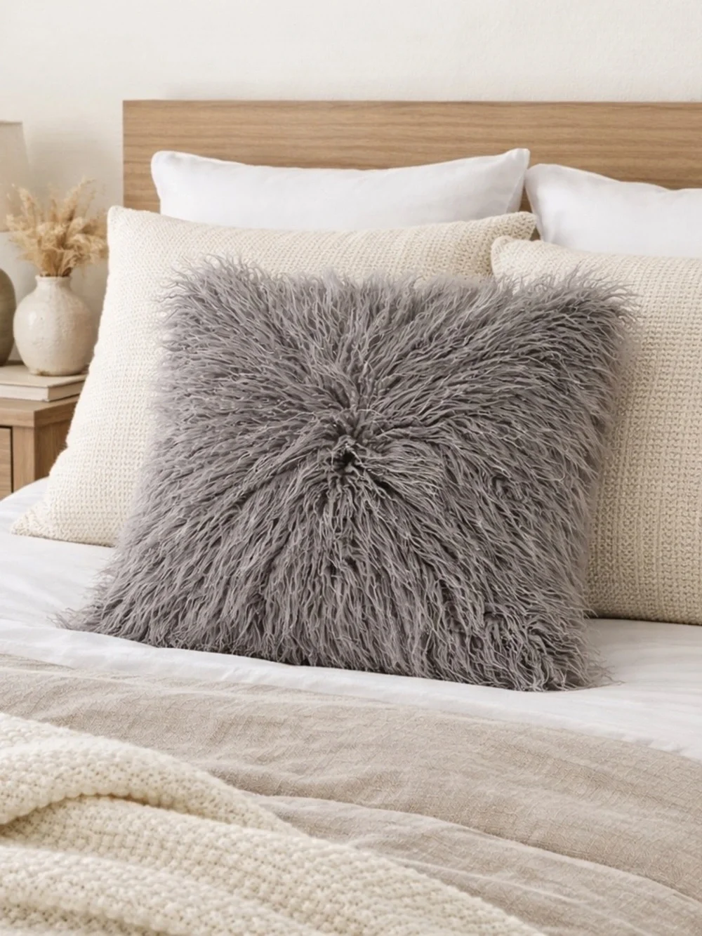 Koolaburra by UGG Klara Faux Fur Decorative Pillow Grey Plush Accent Cushion NWT